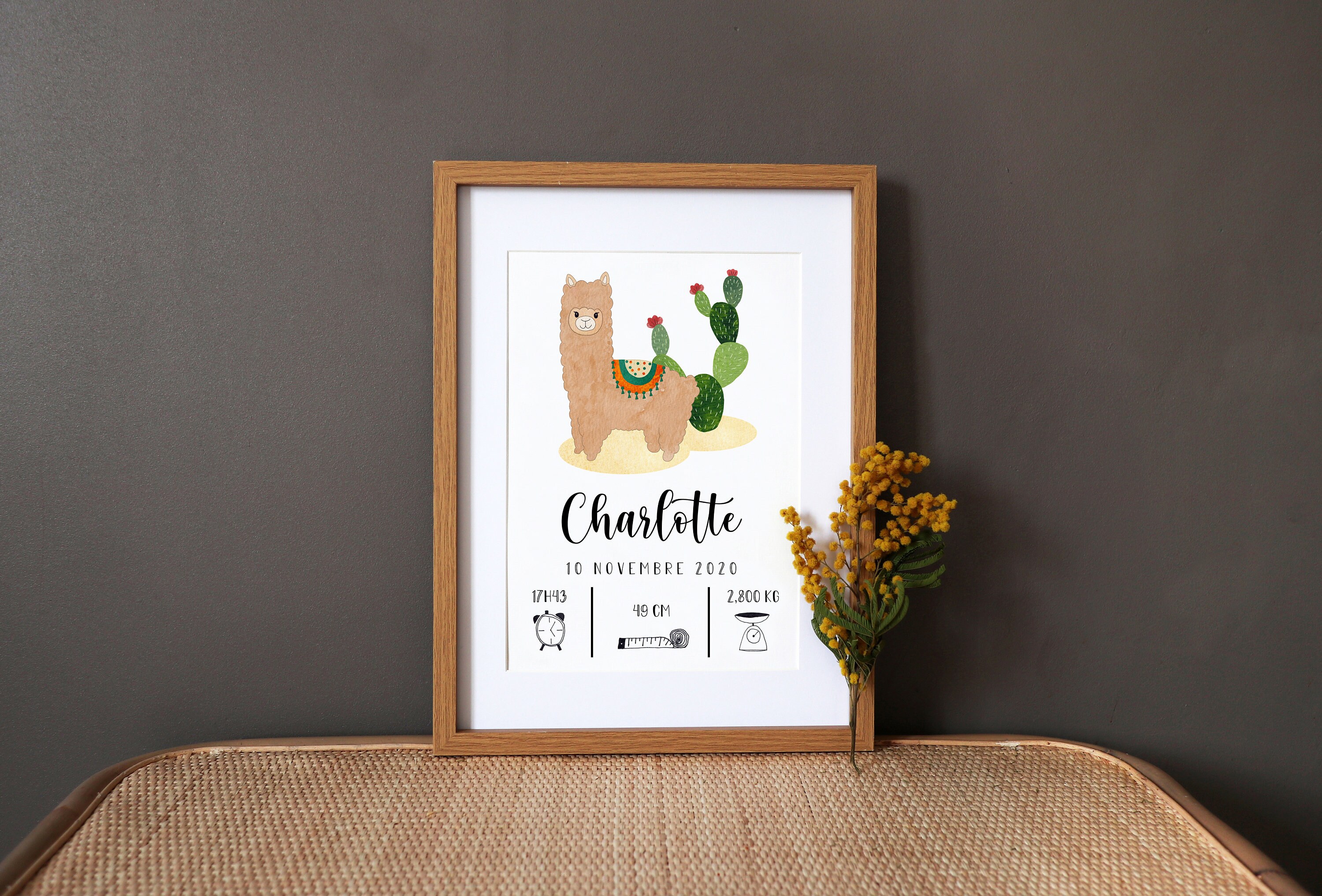 Affiche de Naissance Personnalisée Alpaga/Lama Cactus - Aquarelle A4