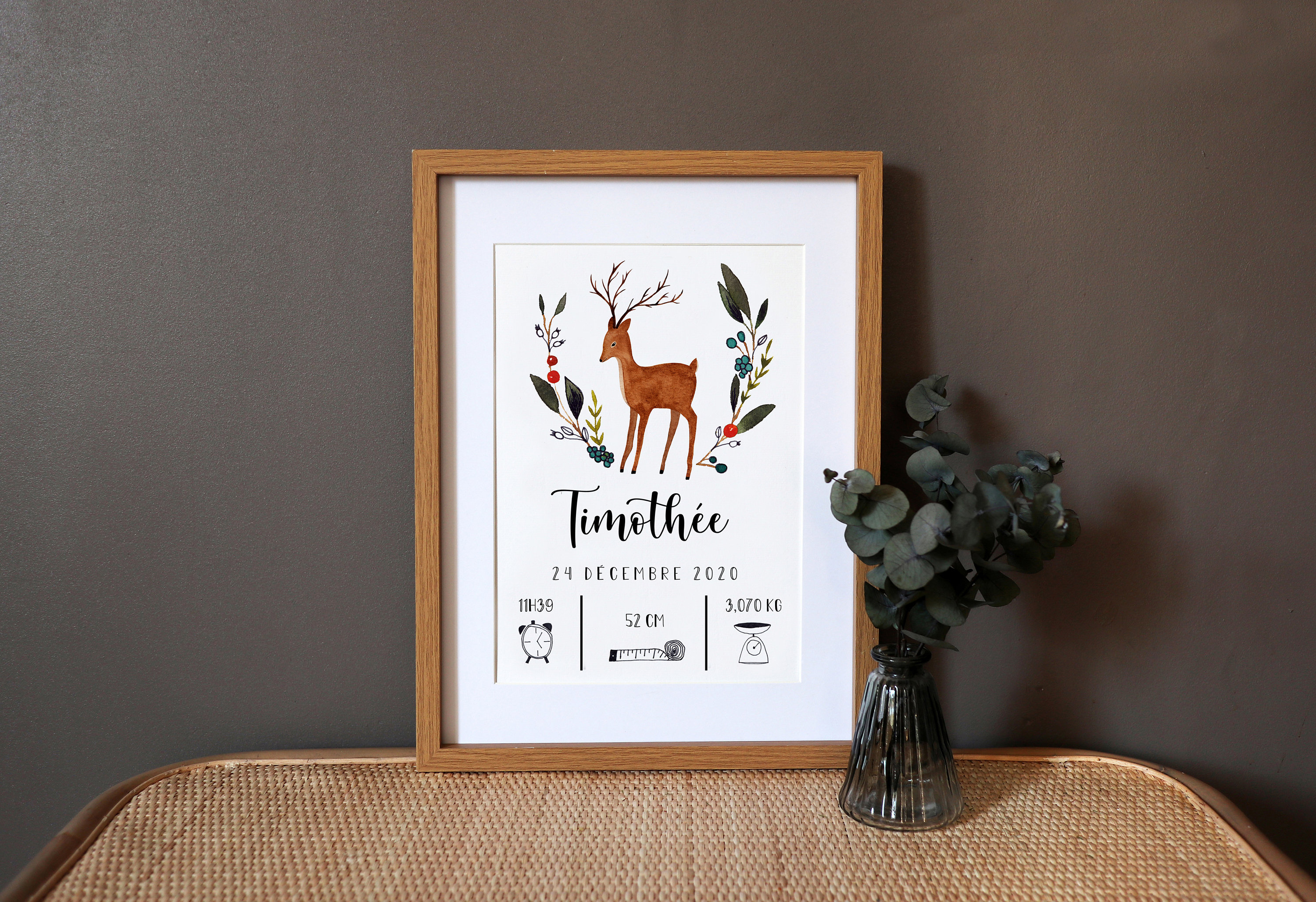 Affiche de Naissance Personnalisée Cerf Aquarelle - A4