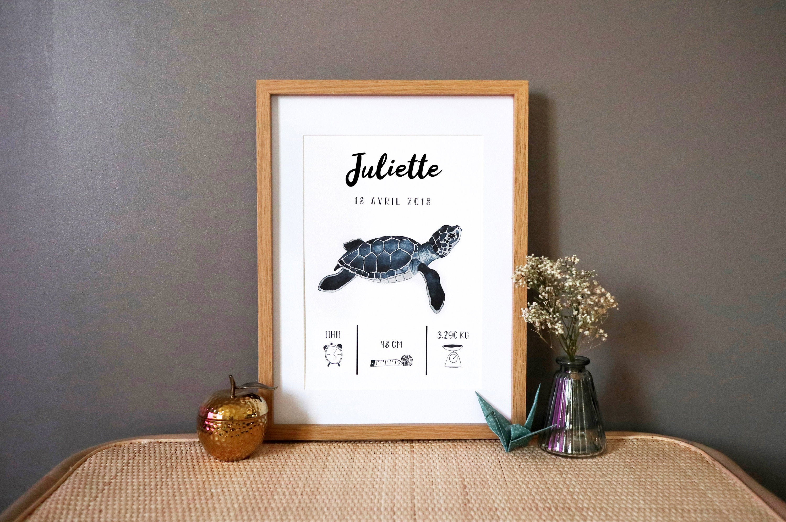 Affiche de Naissance Personnalisée Tortue Aquarelle - A4 | 21 cm X 29