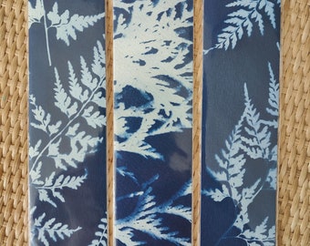 Lot de 3 marque-pages cyanotype originaux - 4,5 cm x 17 cm