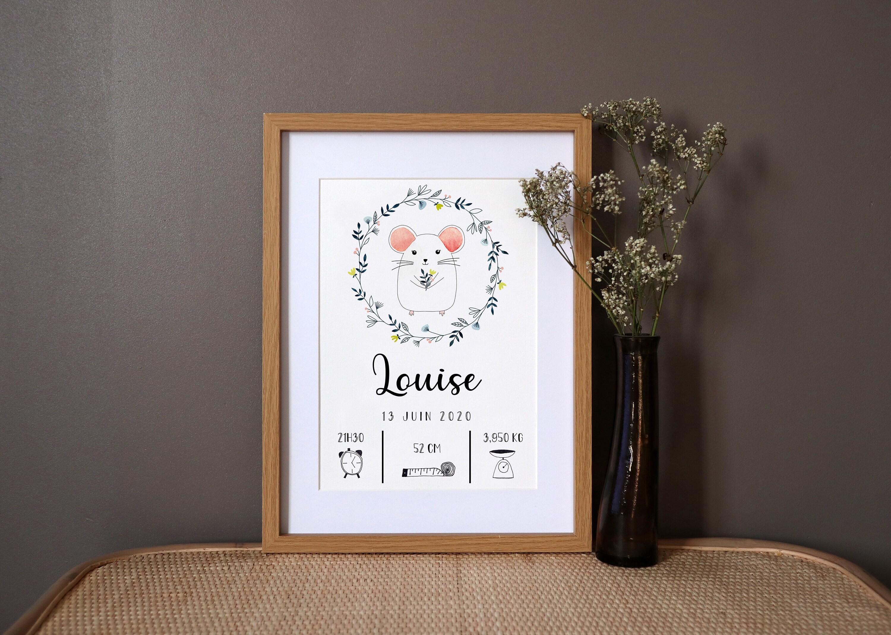 Affiche de Naissance Personnalisée Souris Aquarelle - A4 | 21 cm X 29