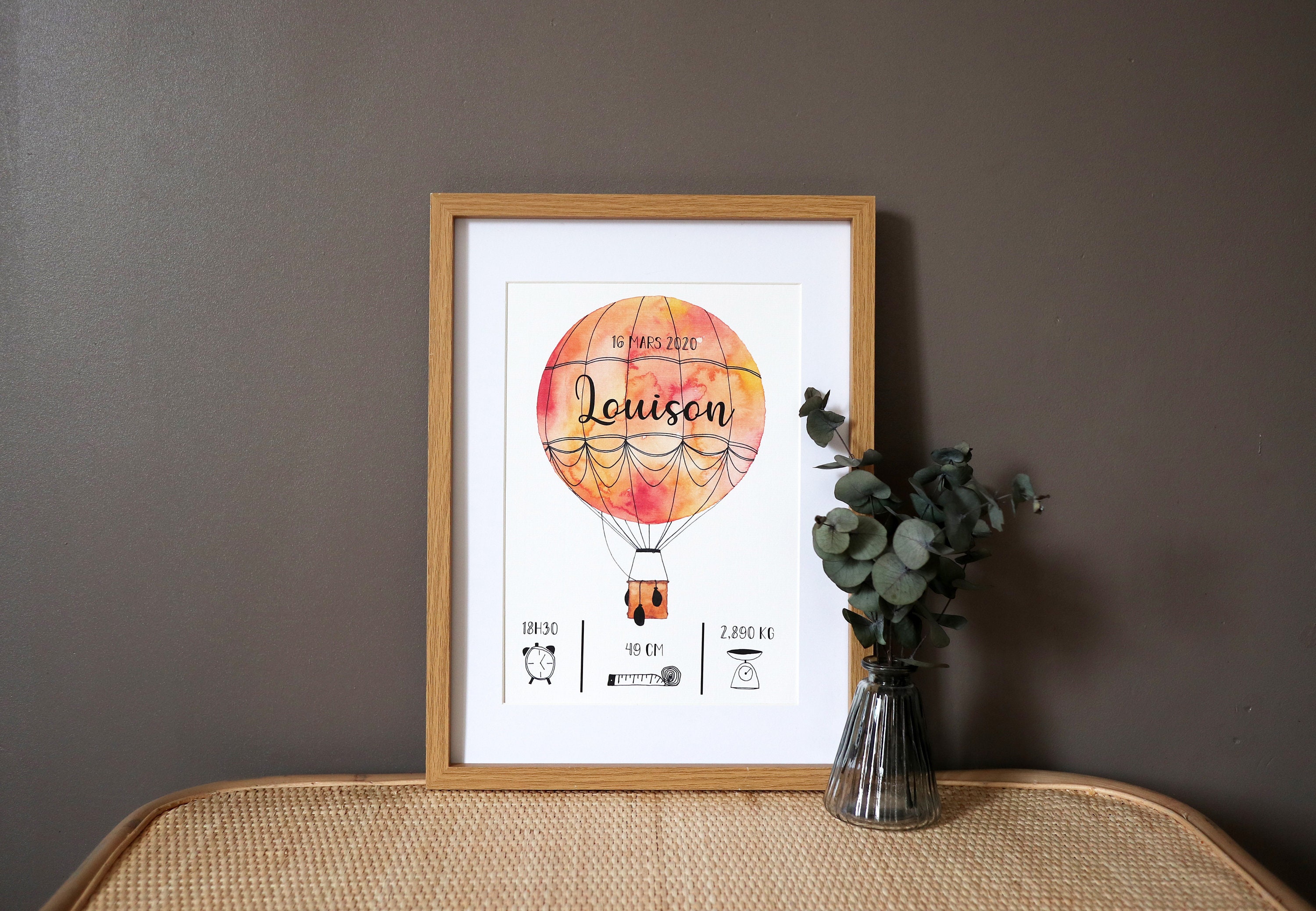Affiche de Naissance Personnalisée Montgolfière Aquarelle - A4