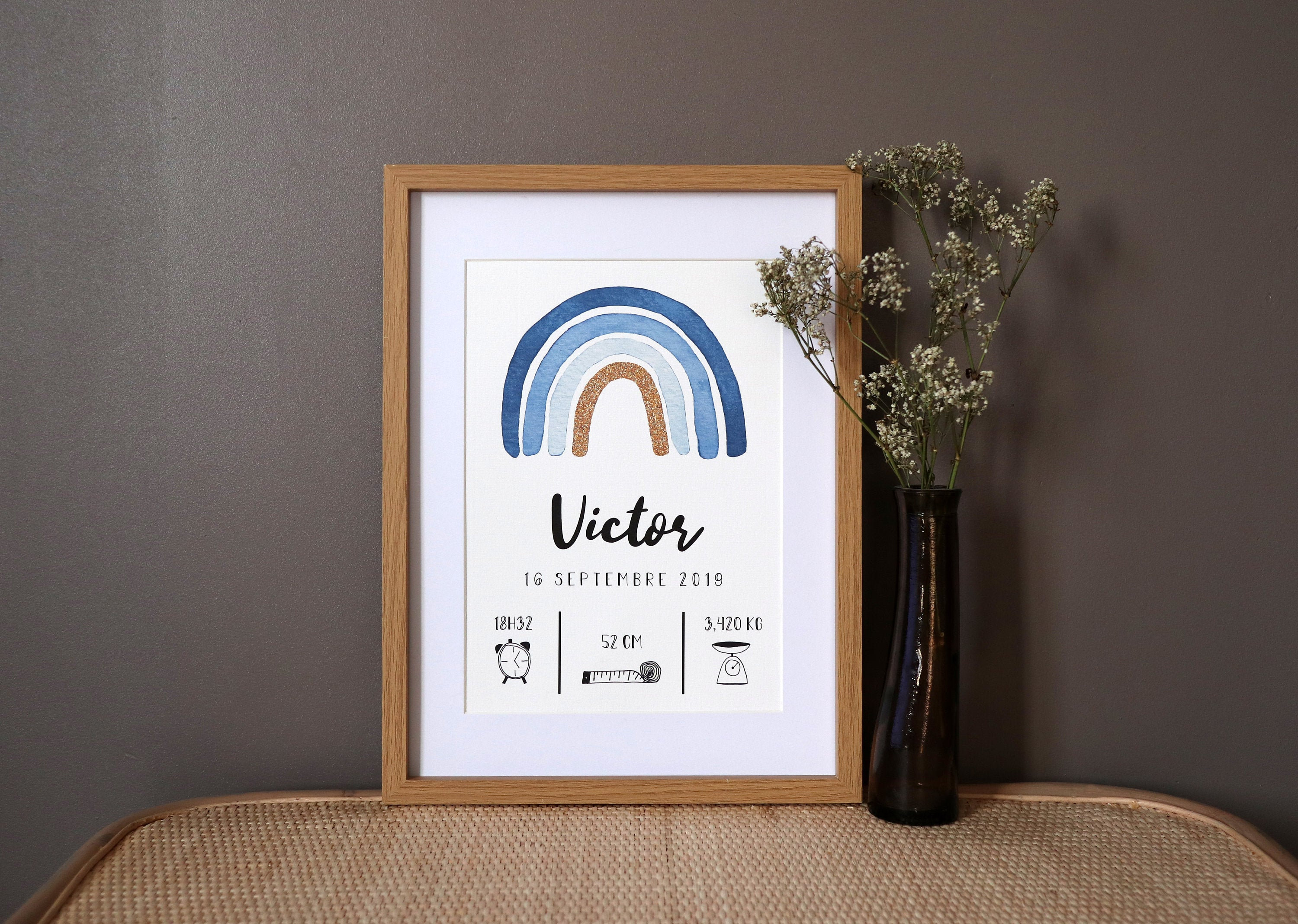 Affiche de Naissance Personnalisée Arc-En-Ciel Aquarelle - Bleu A4