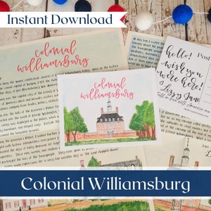 May include: A printable digital download of a postcard featuring a watercolor illustration of the Governor's Palace in Colonial Williamsburg, Virginia. The postcard includes the text "hello! wish you were here! Lizzy Jane Fall in love with America or..."