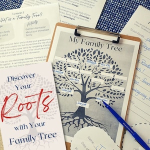 May include: A printable family tree template featuring a blue and white tree illustration. The template provides spaces for writing names and relationships. The text "My Family Tree" is at the top of the page.