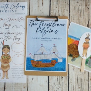May include: A printable educational resource titled "The Mayflower Pilgrims: An American History Unit Study by Heritage Letter" features a colorful illustration of the Mayflower ship sailing on a blue ocean.