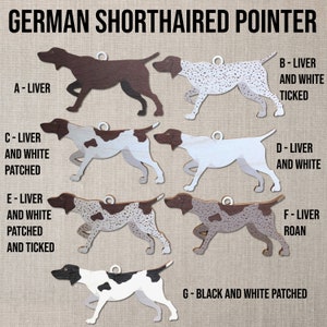 May include: Seven different colour variations of a German Shorthaired Pointer dog silhouette. The dog is in a running pose. The colours include liver, liver and white ticked, liver and white patched, liver roan, and black and white patched.