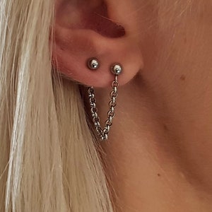 Double Piercing, Helix Chain Earring, Helix Piercing, Asymmetric Earrings, Cartilage Chain, Kpop Earrings, Korean Earrings, Surgical Steel