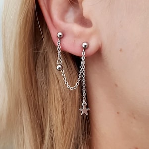 BTS Kpop-oorbellen, Koreaanse sieraden, dubbele piercingoorbel, kraakbeenketting, kraakbeenpiercing, hangende sterkettingoorbel, hypoallergeen