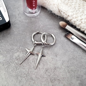 Cross Earrings, Edgy Earrings, Kpop Jewelry, Tarnish Free Mens Earrings, Huggies, Mismatched Earrings, Grunge Earrings, Waterproof Earrings