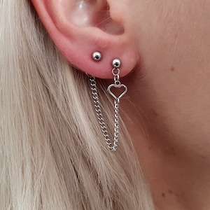 Dangle Chain Earring, Double Piercing Earring, Cartilage Chain, Heart Earrings, Korean Earrings, Asymmetric Earrings, Hypoallergenic