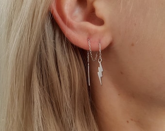 Double Piercing Earring, Cartilage Chain, Threader Chain Earrings, Lightning Long Chain Earrings, Minimalist Earrings Threader