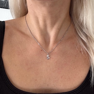 Può includere: Una collana color argento con un ciondolo a forma di simbolo del dollaro. La collana è una catena delicata e il ciondolo è una piccola rappresentazione dettagliata del simbolo del dollaro. La collana è indossata sulla pelle.