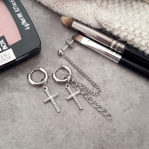 Double Piercing Earring, Cartilage Chain, Asymmetric BTS Kpop Korean Earrings, Cartilage Piercing, Cross Charm Huggies, Non Tarnish, 3 in 1