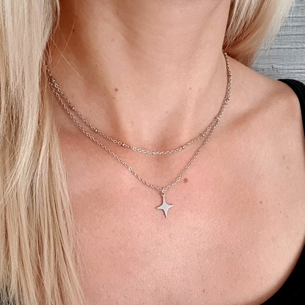 Layered Necklace Set, Waterproof Necklace, Star Choker, Aesthetic Non Tarnish Necklace, Adjustable Silver Caitlyn Minimalist Necklace