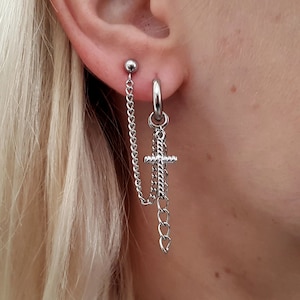 BTS Earrings, Kpop Earrings, Korean Earrings, Double Piercing Earring, Cartilage Chain, Cartilage Piercing, Cross Earrings, Charm Huggies