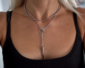 Spike Lariat Layered Slip Chain Necklace, Y Necklace, Chunky Chain Necklace, Knot Necklace, Maximalist Jewelry, Non Tarnish Jewelry