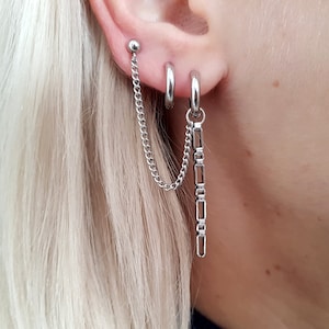 Asymmetrical Long Chain Earrings, Double Piercing Earring, Cartilage Chain, Cartilage Piercing, Helix Mismatch Kpop Earrings, Hypoallergenic
