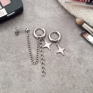 Double Piercing Earring, Cartilage Chain, Asymmetric BTS Kpop Korean Earrings, Cartilage Piercing, Star Charm Huggies, Non Tarnish, 3 in 1