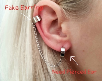 Ohrmanschettenkette, Ohrmanschetten-Kein Piercing baumeln, verbundener Ohrring, Clip auf Ohrmanschette, Knorpelkette, Ohrmanschette Silber, wasserdichte coole Ohrringe