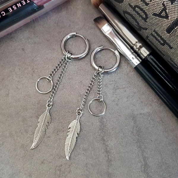 Unisex Feather Earrings, Kpop Korean Earrings, Silver Chain Earrings, Rock Piercing Earrings, Asymmetric Earrings, Hypoallergenic