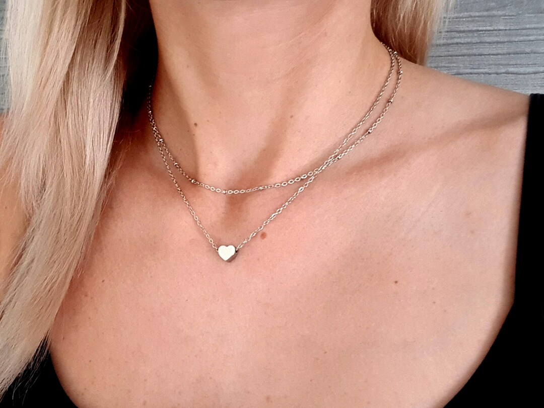 Double Chain Heart Necklace, Two Layer Necklace, Double Necklace Set