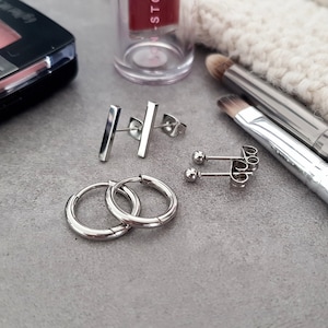Dainty Earrings Set, Stacking Earrings, Silver Huggie Earrings, Bar Earrings, Silver Ball Studs, Earring Sets For Multiple Piercings