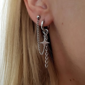 Pendientes asimétricos BTS Kpop, pendientes con doble perforación, cadena para cartílago, perforación de cartílago, pendientes con dije de estrella, Huggies, hipoalergénicos