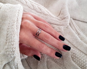 Silver Cuff Ring, Minimalist Cross Ring, Two Band Rings, Adjustable Thumb Ring for Women, Waterproof Forefinger Rings, Resizable Line Ring