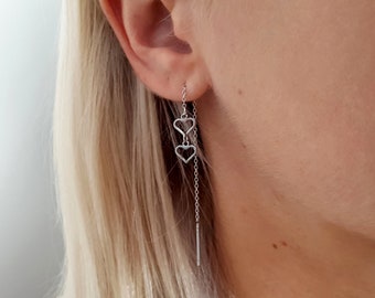 Threader Earrings, Double Piercing Earring, Non Tarnish Jewelry, Cool Earrings, Threaded Earrings, Silver Heart Drop Earrings