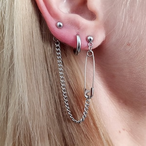 Asymmetrical Set Earrings, Long Chain Earring, Double Piercing Earring, Cartilage Chain, Safety Pin Earring, Korean Earrings, Hypoallergenic
