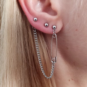Asymmetrical Set Earrings, Long Chain Earring, Double Piercing Earring, Cartilage Chain, Safety Pin Earring, Korean Earrings, Hypoallergenic