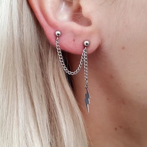 Dangle Chain Earring, Double Piercing Earring, Asymmetric Lightning Earrings, Kpop Korean Earrings, Cartilage Chain, Cartilage Piercing