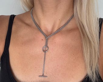 Collana a lariat con barra in argento, collana minimalista a catena scorrevole a Y, collana con nodo, gioielli che non si ossidano