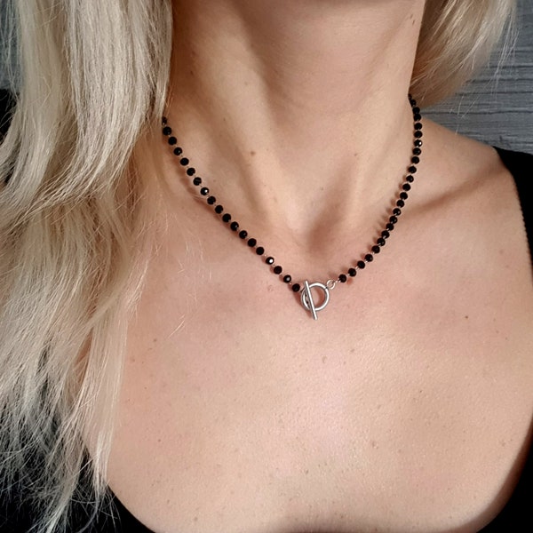 Kralen ketting, Toggle ketting, T Bar ketting, esthetische ketting link ketting, minimalistische zwart zilveren ketting, Toggle gesp choker