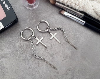 Cross Charm Silver Earrings, Aesthetic Trendy Kpop Earrings, Mismatched Earrings, Long Chain Earrings, Non Tarnish, Hypoallergenic