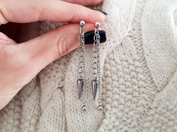BTS Earrings, Kpop Korean Dangle Earrings, Korean Fashion, Silver Chain Earrings, Abstract Earrings, Spike Earrings, Hypoallergenic