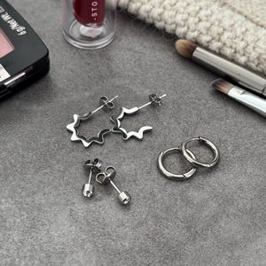 Earring Set for Multiple Piercings Silver, Stacking Earrings, Huggy Hoops Stainless Steel, Sun Earrings, CZ Earrings, Waterproof Jewelry