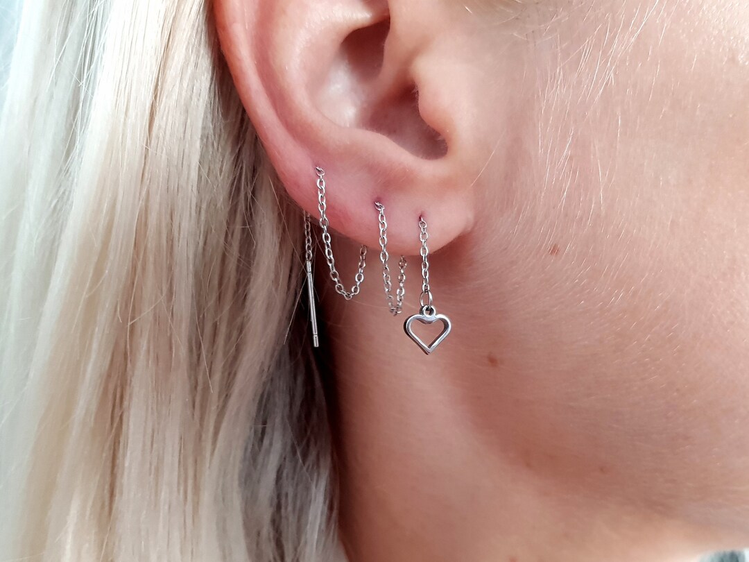 Heart Threader Earrings Cartilage Chain Piercing Threader Etsy