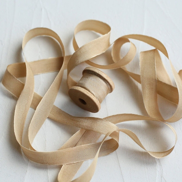 Antique Gold 1cm Wide Silk Ribbon Trim, Wedding Invitation Ribbon,  Wedding Stationery Ribbon, Buttonhole Ribbon, Flat Lay Styling Ribbon