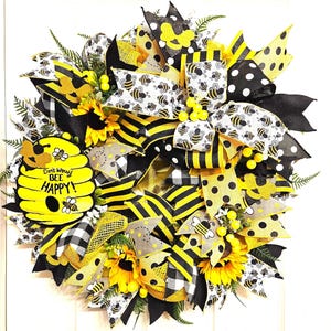Verano, primavera, corona de colmena, abejas, margaritas, amarillo, negro, blanco, puerta de entrada, no te preocupes, abeja... Feliz