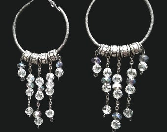 Crystal Dangle Earrings, Antique Silver-Colored Earrings, Metal and Crystal Earrings