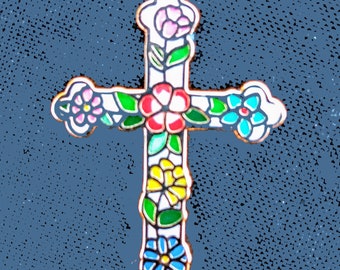 Gold Cross Necklace, Floral Cross Necklace, Multi-Color Flowers