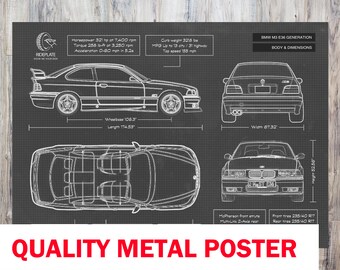 BMW E46 M3 Poster Car Vintage Blueprint Art