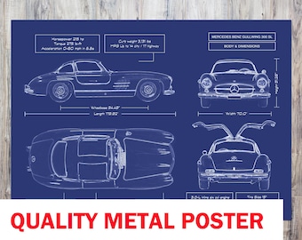 Mercedes-Benz 300 SL Gullwing 1954-57 Blueprint Metal Poster – Classic Car Wall Art, Personalized Gift for Collectors, Doctors & Lawyers