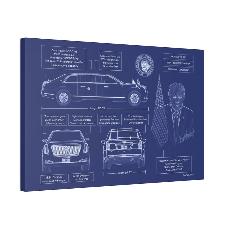 Limusina Trump Cadillac One The Beast en lona azul lista para exhibir/regalo para entusiastas republicanos de Cadillac/regalo patriota conservador imagen 1