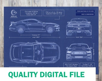 Ford Mustang GT High Quality Digital File |  2015 - 2020 | 6th Generation Mustang | Automotive Blueprint Wall Art | Mustang Gift