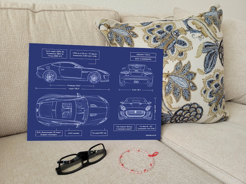 Jaguar F-TYPE S 2013–2019 Blueprint Metal Poster – Luxury Sports Car Wall Art, Personalized Gift for Car Lovers, Doctors & Entrepreneurs image 9
