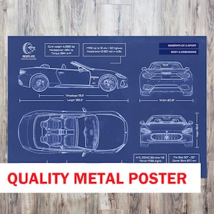 Maserati GT C Sport Blueprint Metal Poster | 2012 - 2019 | Car Enthusiast Lover Gift | Maserati Owner Gift | Office Garage Metal Car Art