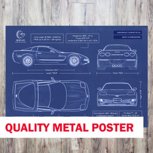 Chevrolet Corvette C5 Blueprint METAL Poster | 1997 - 2004 | Automotive Corvette C5 Wall Art | Classic Corvette Gift For Him | Gift For Dad
